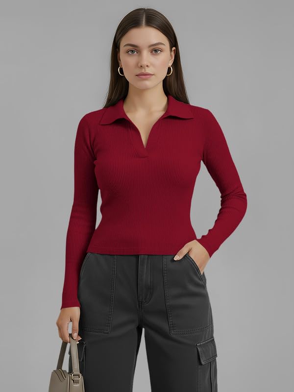 Image of Dream Beauty Fashion Women's Collared Neck Long Sleeve Slim Fit Casual Tee Top for Woman