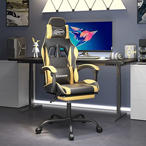 Homgoday Silla Gaming giratoria reposapiés Cuero sintético Negro Dorado Silla Gaming Profesional Silla de Oficina Ergonómica Altura Regulable Silla Gamer para JuegosCon reposapiés