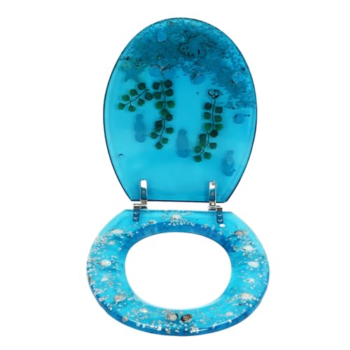 Resin Toilet Seat Round, Toilet Seat Aquarium Seat Blue Sea Fish Shells Shape, Quiet Slow Close Lid Heavy Duty Toilet Seats Tropical Fish Rosin Decorative, U/V type, 14 * 16in