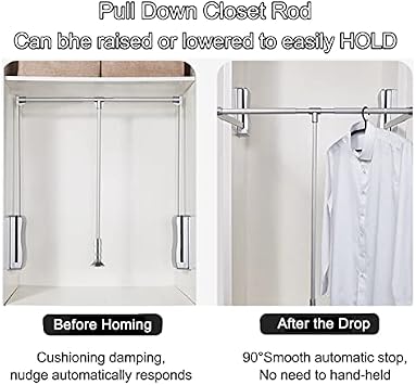 Down Wardrobe RailPull Down Closet Rods Hanger for Hanging Clothes Wardrobe Lift Rail Organizer Storage System Ergonomic Handle 26 lbs Load Capacity, Adjustable Width (Silver 550to660mm)