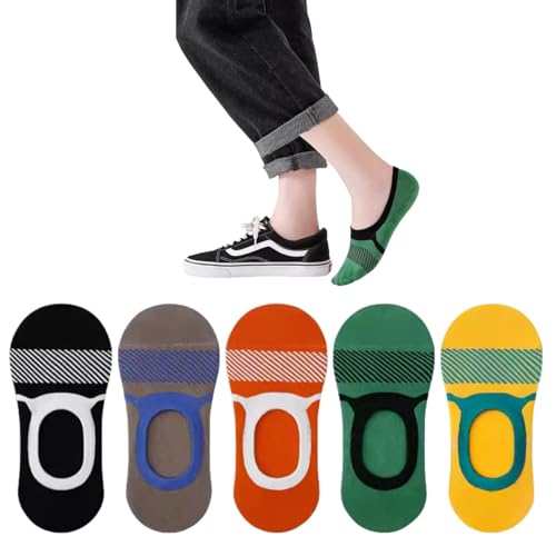 No Show Socks for Men Women 5 Pairs Cotton Low Cut Non Slip Flat Loafer Liner Casual Daily Striped Invisible