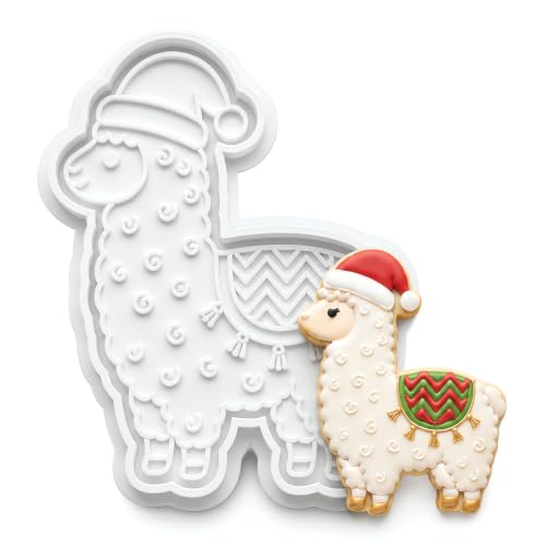 Christmas Llama Cookie Cutter and Embosser Set Curly Wool Texture Santa Hat Stamp 3.5" Baking Mold