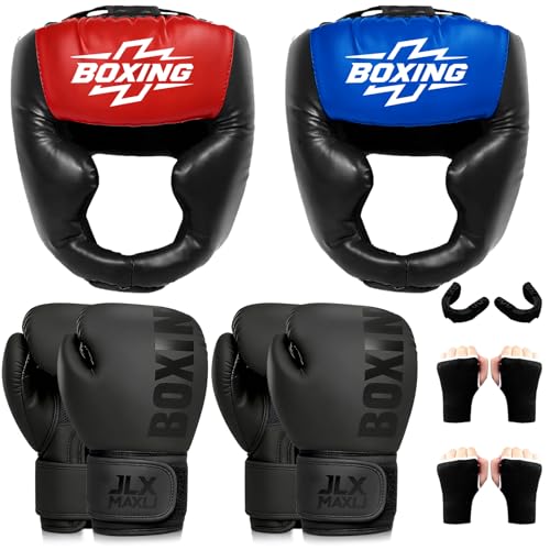 12pcs Boxing Headgear Boxing Gloves Mouth Guards& Hand Wraps Boxing Equipment Set - PU Leather Boxing Protective Gear for Training Sparring & MMA8oz Upgraded