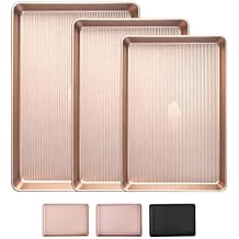 Sakerplus Nonstick Baking Sheet Pan Set of 3, Heavy Duty Cookie Sheets for Oven with Stripe Texture Pattern, 0.6mm Thick Quarter/Half/Jelly Roll Pans, Rust-Resistant & Easy Clean Champagne Gold