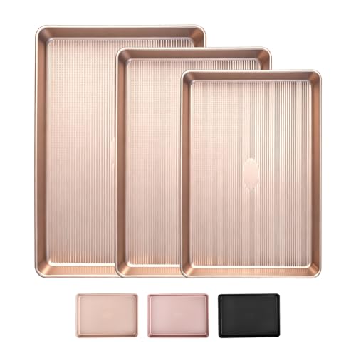 Sakerplus Nonstick Baking Sheet Pan Set of 3, Heavy Duty Cookie Sheets for Oven with Stripe Texture Pattern, 0.6mm Thick Quarter/Half/Jelly Roll Pans, Rust-Resistant & Easy Clean (Champagne Gold)