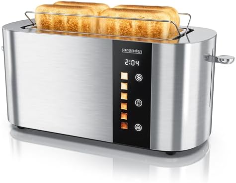 Arendo - Edelstahl Toaster 4 Scheiben Langschlitz - Touchscreen – Doppelwandgehäuse – 1500 W – Integrierter Brötchenaufsatz – 6 Bräunungsgrade – Brotzentrierung – Restzeitanzeige –