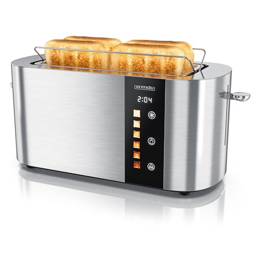 Arendo - Edelstahl Toaster 4 Scheiben Langschlitz - Touchscreen – Doppelwandgehäuse – 1500 W – Integrierter Brötchenaufsatz – 6 Bräunungsgrade – Brotzentrierung – Restzeitanzeige – Memoryfunktion