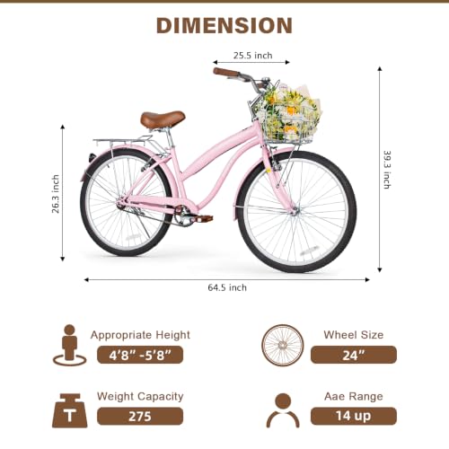 Image of WEIZE Beach Cruiser Bike, 24 26 inch Commuter Bicycle for Adult Men and Women, Front & Rear Fenders, Comfortable City Bikes with Rear Rack&Basket, Ergonomic Upright Design