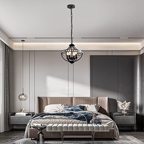 Crystal Chandelier Light Fixtures, 4-Lights Farmhouse Rustic Vintage Black Pendant Hanging Lighting Ceiling Chandeliers For Kitchen Island Dining Room Living Room Bedroom Foyer Hallway #TOP4