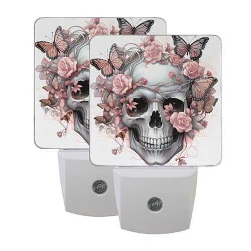 Image of Skull Rose Butterfly Night Lights 2 Pack Plug-in Wall Led Nightlight Auto Dusk-to-Dawn Sensor Lamps for Bedroom Kitchen Bathroom