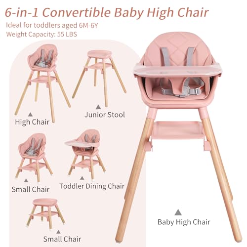 Image of 6 in 1 Baby High Chair, Convertible High Chairs,Pink | Easy Clean Baby Feeding Chair for Babies and Toddlers,5-Point Harness, Double Removable Tray & Reversible Footrest