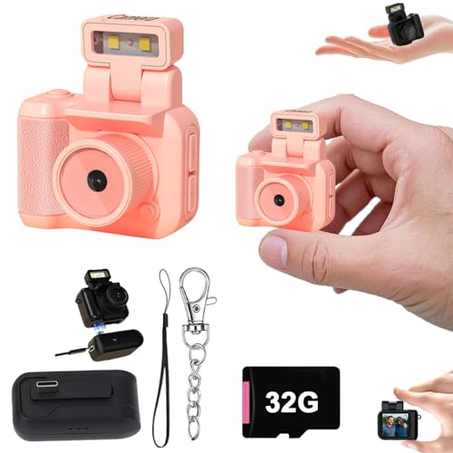 Retro Snap Camera?Mini Nostalgic Vintage View Camera?Tiny Snaps Camera?Keychain Digital Photo Camera?Llavero Mini CáMara Retro?1080p Hd with Led Flash Light (Pink 32G)