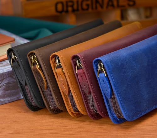 Asvine Estojo para Caneta Tinteiro com 3 Compartimentos Divididos, Porta-Canetas de Couro Crazy Hors