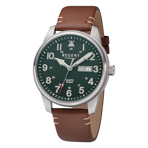 REGENT Herrenuhr Tag Datum braunem Lederband ⌀ 41mm