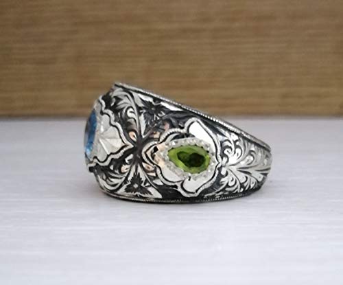 Handmade Hand Carved 925K Sterling Silver Mens Ring With Aquamarine & Peridot Stone Rp1195 #TOP6