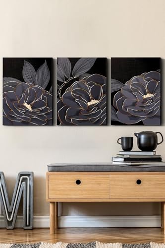 Gold Çiçekler 3 Parça Kanvas - Canvas Tablo, 45 x 65,3KVS-45x65-067
