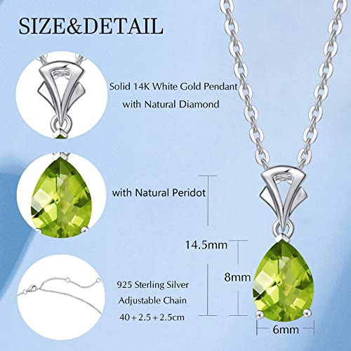 Fancime Natural Peridot Necklace 14K Solid White Gold Teardrop Pendant August Birthstone Birthday Gifts For Mom Women Girls, Sterling Silver Chain 16" + 2" Extender #TOP2