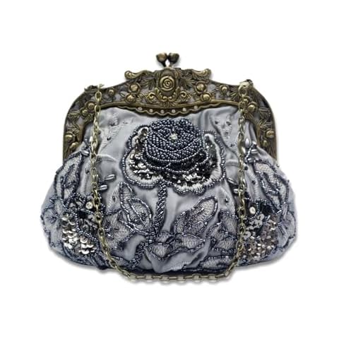 CORIOS Vintage 1920s Beaded Evening Bag Pearl Clutch Bag for Women Bridal Wedding Purse Sequin Rhinestone Handbag Exquisite Handmade Embroidery Floral Shoulder Bag Glitter Crossbody Bag Dark Grey Cover
