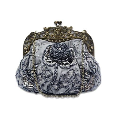 CORIOS Vintage 1920s Cuentas Bolsa de Noche Clutch con Floral para Mujer Embrague de Lentejuelas Bolso de Boda Bolsos de Fiesta Elegante Bolso de Hombro para Fiesta de Graduación Banquete Gris Oscuro