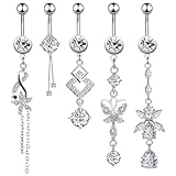 HTTDSLF 5 Piezas Piercings Ombligo para Mujeres, Piercing Ombligo Plata, Corazón Mariposa Flor Dangle Vientre Anillos para Mujeres, Piercing Ombligo Aro para Fiestas, Festivales, Uso Diario