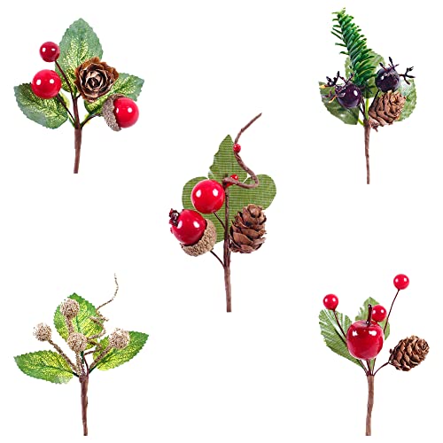 20 Pack Artificial Christmas Pine Picks, Red Berries Pine Cones Pine Needles Branches Stem With Holly Leaves For Diy Crafts Christmas Ornaments Wreath Wedding Gift Bags Box Party Holiday Decorations #TOP3