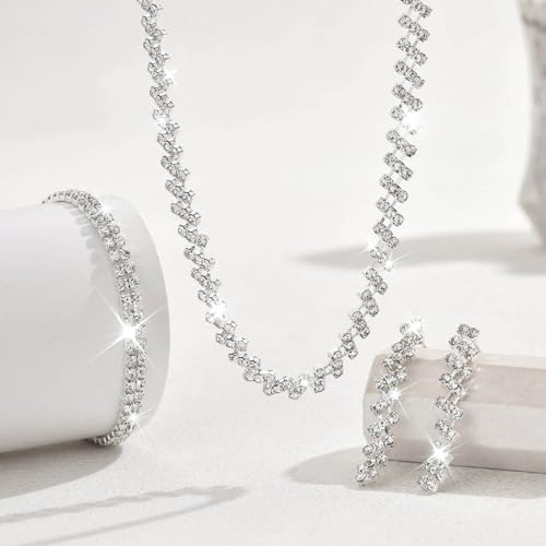 Unicra Rhinestone Bridal Wedding Jewelry Sets Silver Necklace Earrings Bracelet Set Prom Formal Costume Jewelry Set for Women and Brides3