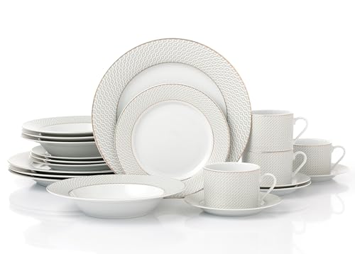 Waterside 20pc Premium Diamond Decor with Gold Band Porcelain Dinnerware Set; 4 Dinner Plates, 4 Side Plates, 4 Soup Bowls and 4 Cups & Saucers