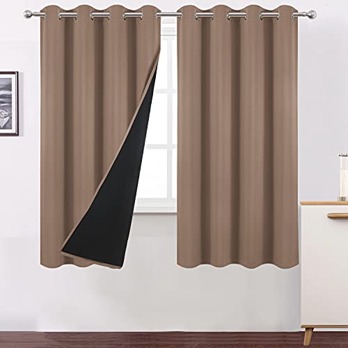LEMOMO 100% Blackout Cappuccino Curtains with Black Lining/52 x 63 Inch/Set of 2 Panels Thermal Insulated Room Darkening Curtains for Bedroom