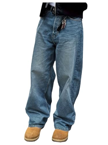 Men's Y2K Baggy Jeans Wide Leg Denim Pants Vintage Straight Leg Casual Denim Trousers with Pockets Streetwear