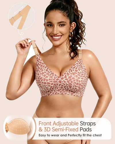 HORISUN V Neck Wireless No Underwire Bra for Women Full Support Lift Bralette Comfortable Seamless Tshirt Everyday Bras (Leopard Milky Coffee S) — view 2