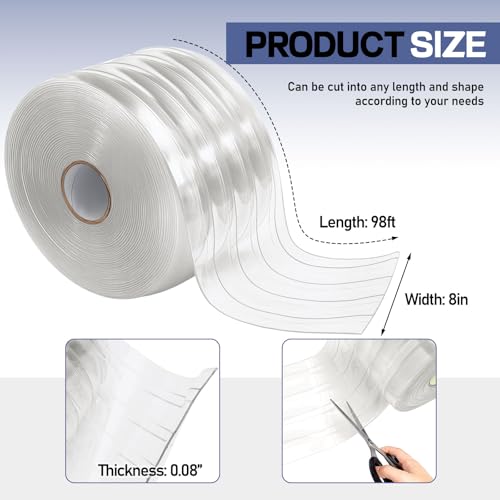 Image of Moukeren Plastic Curtain Strips, 100 ft x 8 in Clear PVC Strip Curtain Roll, Heavy Duty Plastic Insulated Freezer Door Strips for Commercial, Walk-in Cooler, Garage, Warehouse, 0.08 inch Thickness