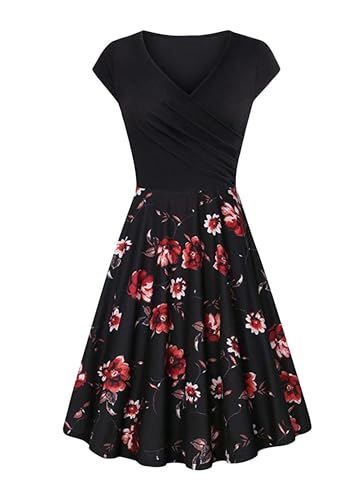 EFOFEI Womens Swing Blumendruck Kleid Kurzarm Kleid, XL, Z-blumen Schwarz / Rot
