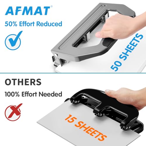 Image of AFMAT 3 Hole Punch Heavy Duty, 9 /32 inch Holes, 50-Sheet Hole Puncher 3 Ring, 50% Reduced Effort, Adjustable Two & Three Hole Punch, Metal Paper Puncher w /Large Chip Tray, Metal Paper Guide, Gray, HP18