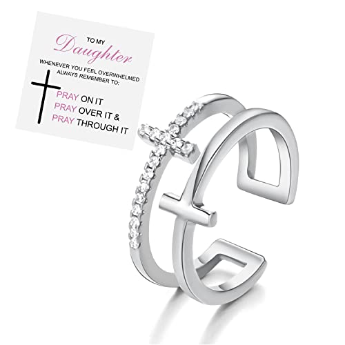 Inerrwix To My Daughter Cross Rings Pray Through It Cubic Zirconia Double Cross Ring Wedding Commitment Ring For Women (To My Daughter-Silver) #TOP7