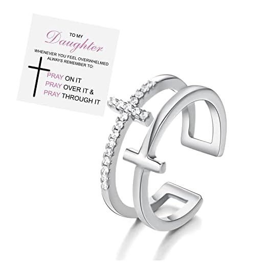INERRWIX To My Daughter Cross Rings Pray Through It Cubic Zirconia Double Cross Ring Wedding Commitment Ring for Women (To my daughter-silver)