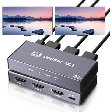 HDMI Splitter 1 in 2 Out, 4K UHD HDMI Splitter for Dual Monitors, with Mirror Mode, Audio Sync, Metal Shell, Compatible with TV, PS5, Xbox, STB, PC, Laptop Cover