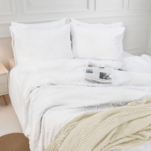 Image of Mejoroom White Boho Duvet Cover Full - Boho Bedding - Soft and Breathable Tufted Comforter Cover with Zipper Closure, 3Pieces, 1 Duvet Cover (80 inchx90 inch) and 2 Pillow Cases(20 inchx26 inch)