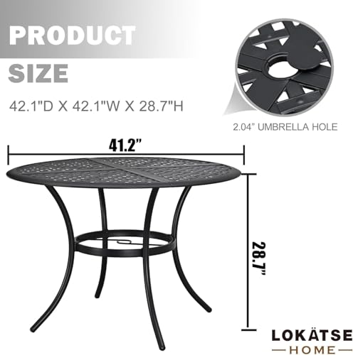 LOKATSE HOME 42.1" Outdoor Patio Round Dining Table with Umbrella Hole, Steel Frame for Backyard Lawn Balcony Deck - Thumbnail 2