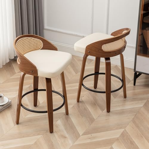 Image of 30 inch Swivel Rattan Bar Stools Set of 3 Mid-Century Modern Faux Leather Upholstered Bar Height Stools Kitchen Island Barstool with Rattan Low Backrest,Walnut Wood Finish Bar Chairs,Beige PU