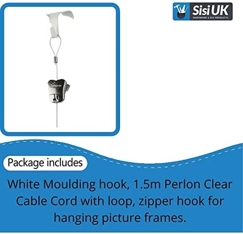 White Moulding Hooks for Picture Hanging with Perlon Clear Cable Cord & Zipper Hooks Traditional Dado Rail Hook for Hanging Picture Frame Art Work Frame Cable Wire Rope Kit Pack of 1.
