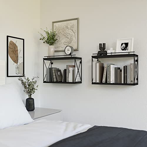 Wopitues Book Shelves, Wooden Floating Book Shelves For Wall, Farmhouse Floating Book Shelf With Metal Guardrail For Bedroom, Small Book Organizer For Wall Decor, Living Room, Kids Room, Office–Black #TOP3