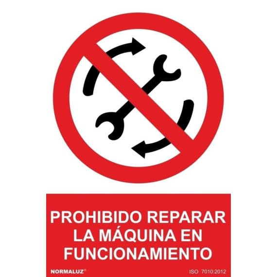 Prohibido reparar la máquina en funcionamiento, señal de prohibición SEKURECO