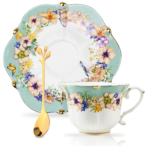 Harahiko Country Roses Porcelain Tea Cup and Saucer Set with Gold Trim, Vintage Style, For Women and Tea Parties (1, Light Cyan)