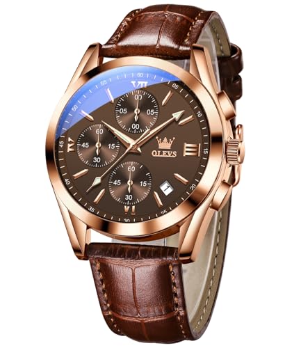 Image of OLEVS Watches for Men Original Analog Quartz Stylish Brown Leather Luxury Business Chronograph Waterproof Date Mens Wrist Watch