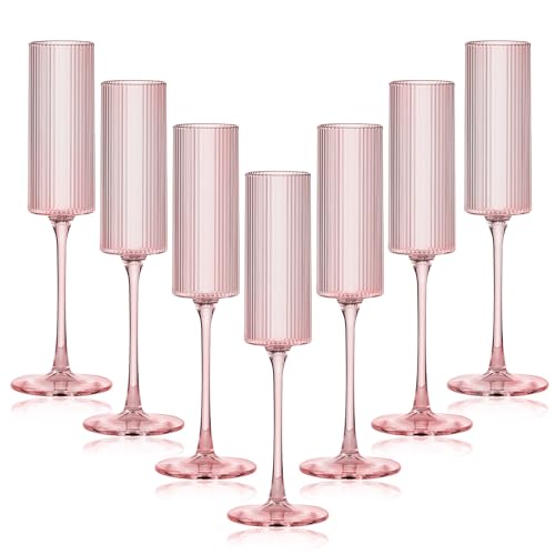 16 Pack Plastic Champagne Flutes, 5.5 Oz Unbreakable Goblet Glasses Reusable Champagne Toasting Cups - Modern & Elegant for Wedding Party Anniversary Christmas Birthday (5.5oz-Ribbed-Pink-16pack)