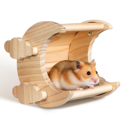 balacoo Wooden Hamster Hideout Moon Shaped Chinchilla House for Indoor Small Pets Privacy Sleeping Space Decorative Cage Accessory for Hamster Guinea Pig Rat 6.29 X 5.90 X 5.51 in