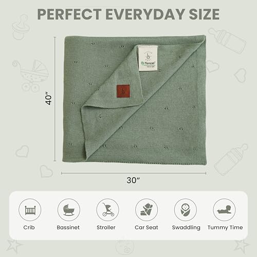 Image of Pointelle Double Layer 100% Tencel Baby Blanket - Breathable Temperature Regulating - Oeko-TEX Certified - 30x40 inch - Gift Box with Ribbon (Green)