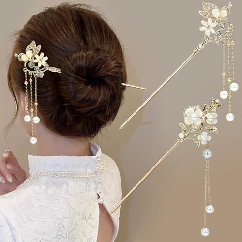 2Packs Lily of the Valley Chinese Hair Sticks for Buns, Pearl Flower Vintage Metal Hair Chopsticks for Women and Girls Dangle Tassel Pendant Hair Accessories Hanfu Handmade Decor Hairpin (beige)