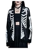 BEAUDRM Women's Skeleton Graphic Cardigan Sweaters Goth Open Front Long Sleeve Cardigan Coat Black and White Large