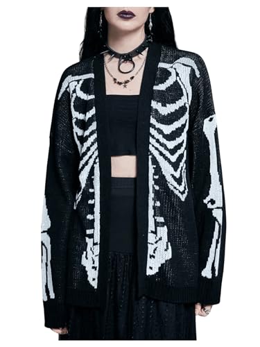 Floerns Women's Grunge Skeleton Cardigan Sweater Long Sleeve Open Front Knitted Coat Black and White Small